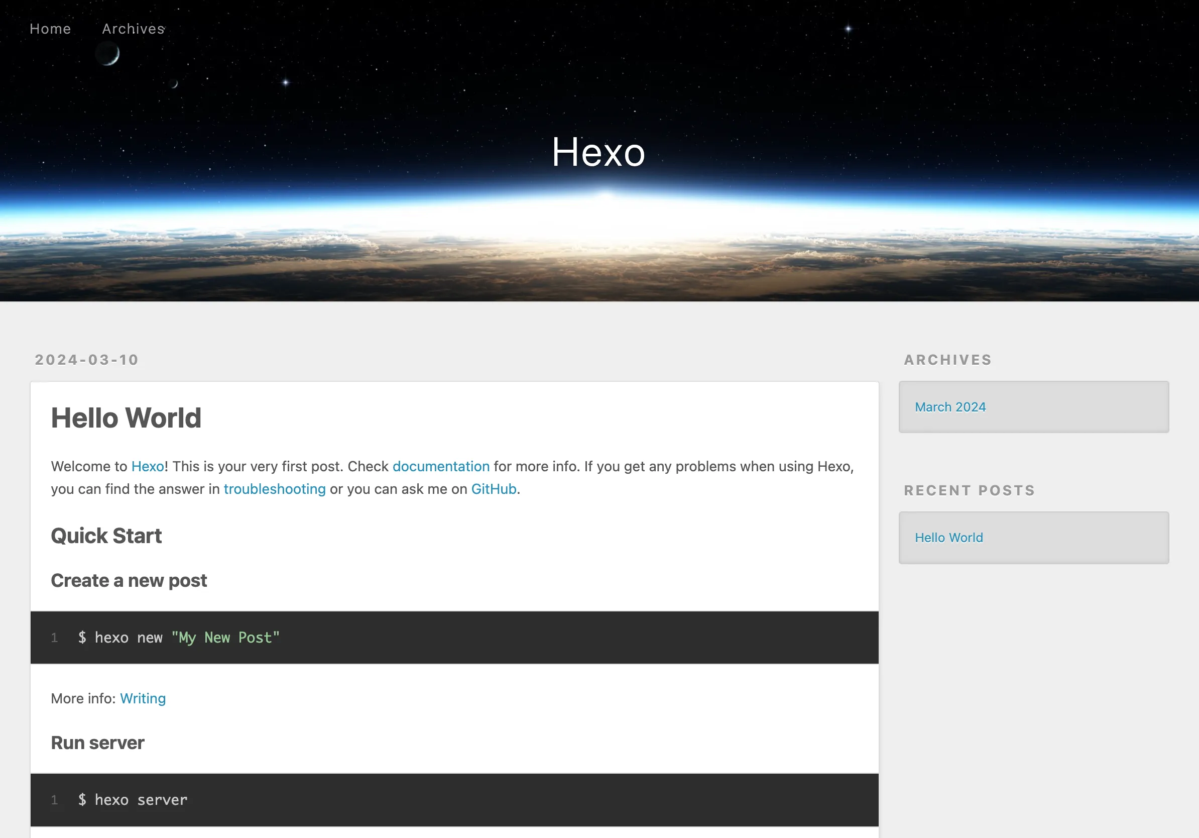 Hexoで生成されたデフォルトページ